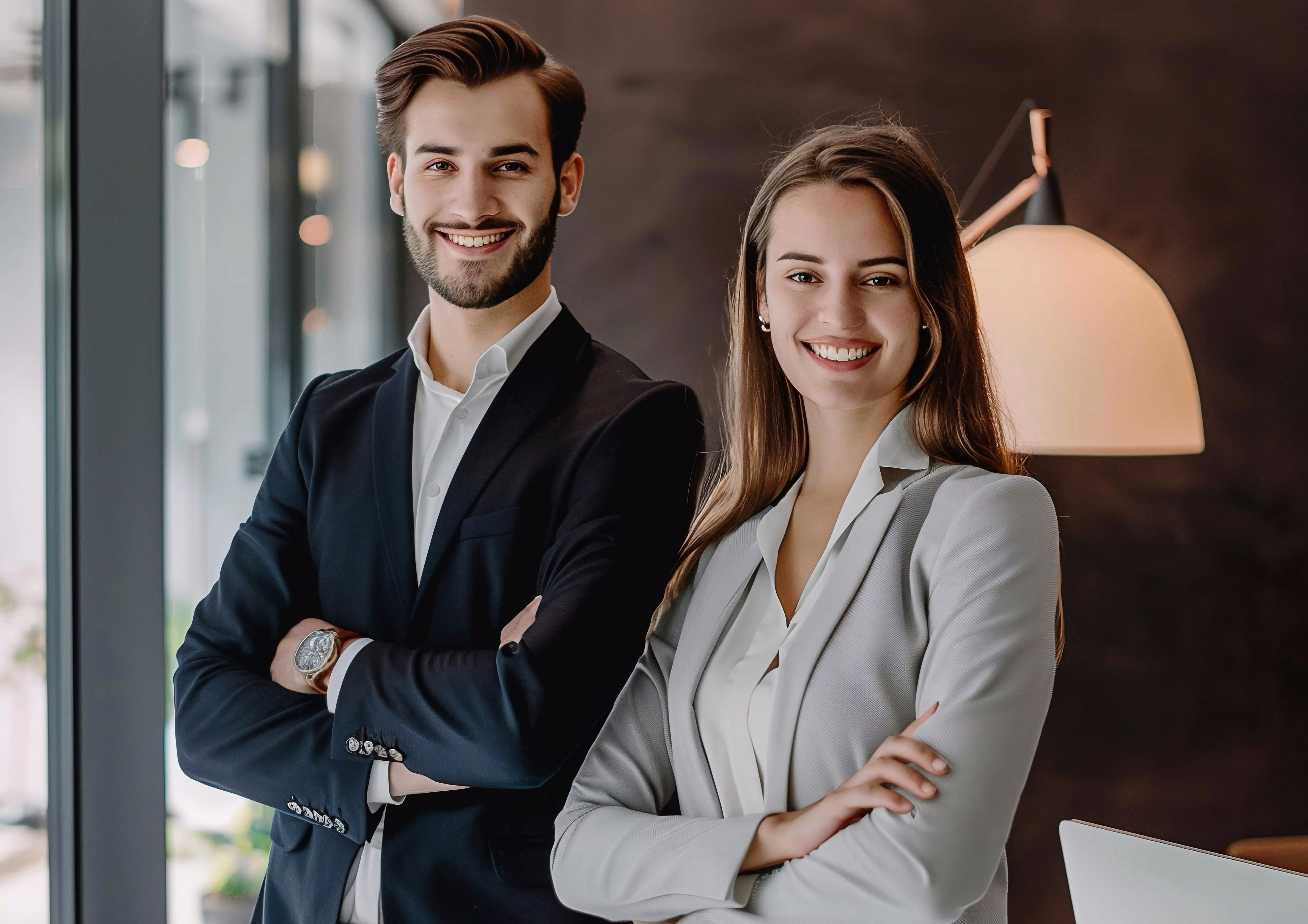 man and woman smiling with their arms crossed